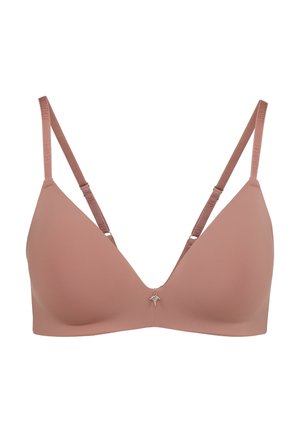 Mauve draadloze bh met een diepe V-hals, verstelbare bandjes en een decoratieve zilveren charme in het midden. Zacht materiaal met een gladde textuur.