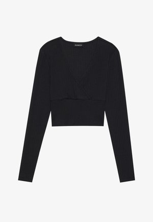 Črn rebrast dolgodlaki crop top z globokim V-izrezom in oprijetim silhueto, ki ima brezšitno zasnovo in mehak teksturo.