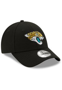 Cappellino nero con visiera arrotondata e logo di giaguaro ricamato in giallo, bianco e turchese. Presenta una tracolla regolabile per una vestibilità ottimale.