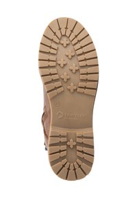 Botte en cuir brun avec une semelle en caoutchouc beige texturé, présentant un motif de semelle détaillé et une impression de logo ; taille 39 indiquée.