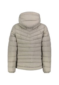 Hellgraue Puffjacke mit Kapuze, die mit horizontalen und Zickzack-Steppmustern, elastischen Bündchen und einer weichen, strukturierten Oberfläche gestaltet ist.