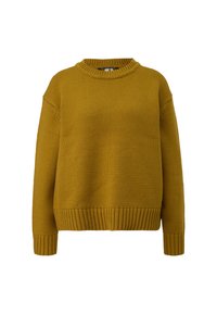 Mosterdgele gebreide trui met een ronde halslijn, geribde manchetten en tailleband, met een losse pasvorm en een gestructureerde afwerking.