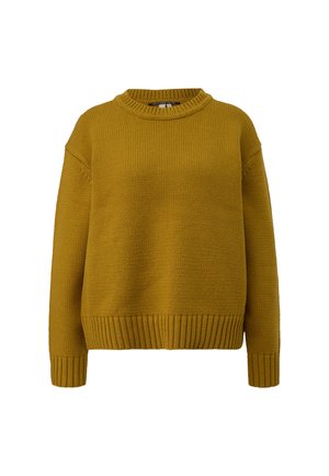 Pull en maille jaune moutarde avec un col rond, des poignets et une taille côtelés, à coupe relaxée et finition texturée.