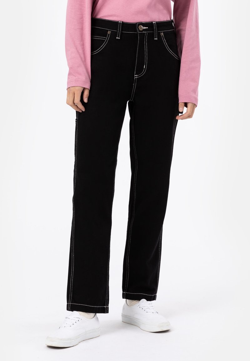 Black jeans with contrast white stitching, featuring a straight leg design, five pockets, and a button closure at the waistband.