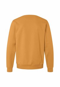Sweat-shirt jaune moutarde uni à manches longues avec poignets et ourlet côtelés, présenté de dos sur fond blanc.