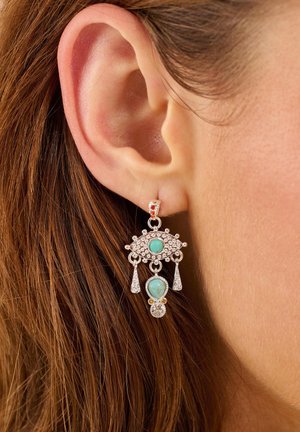 Turquoise and silver drop earrings featuring an eye design, embellished with clear stones and dangling accents. Detailed craftsmanship visible.