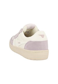 White and light purple sneaker with suede and leather materials, padded collar, rounded toe, and textured rubber sole. Low-profile design.