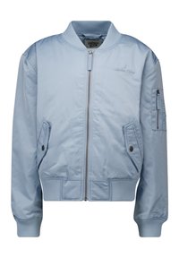 Giacca bomber azzurro chiaro realizzata in nylon liscio, con zip frontale, due tasche laterali e polsini e orlo a coste. Accentuata con un logo.