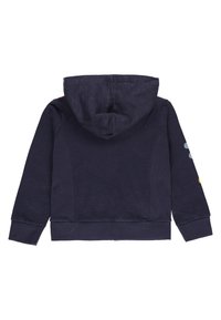 Dunkelblauer Hoodie mit strukturierter Oberfläche, zentralem Rückennaht, gerippten Ärmelbündchen und bunten Musterdetails an den Ärmeln.