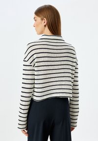Gestreepte trui in crème en marineblauw, met een cropped ontwerp, lange mouwen en een gebreide textuur. De achterkant toont een diepe halslijn.