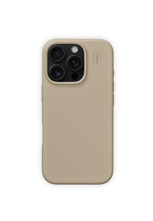 Beige phone case made of smooth silicone, designed to fit snugly, with cutouts for camera lenses and logo. Simple, minimalistic shape.