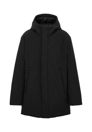 Schwarze Kapuzenjacke mit geradem Schnitt, aus weichem Material und zwei seitlichen Reißverschlusstaschen. Minimalistisches Design ohne sichtbares Branding.
