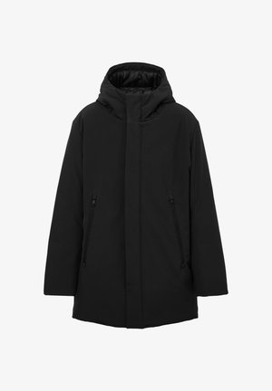Veste à capuche noire avec une coupe droite, présentant une texture douce et deux poches latérales zippées. Design minimaliste sans marque visible.
