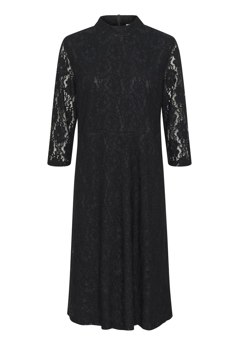 Robe en dentelle noire avec un col montant, des manches trois-quarts, une jupe évasée et un motif floral. Fermeture éclair au dos.