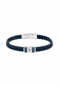Blue braided leather bracelet with silver hardware and a gold emblem. Features textured blue accents on the clasp. Durable and sleek design.