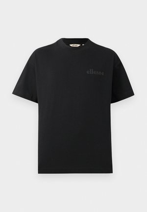 Sort bomulds t-shirt med korte ærmer, rund hals og subtilt præget logo på venstre bryst. Glat tekstur og klassisk pasform.