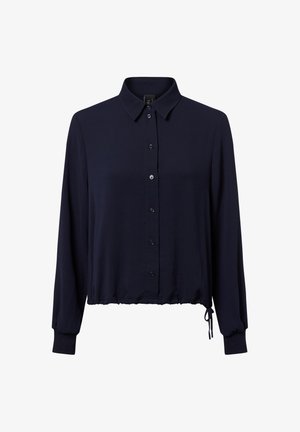 Navy blue long-sleeve button-up shirt with a collar, elastic cuffs, and a drawstring at the hem.