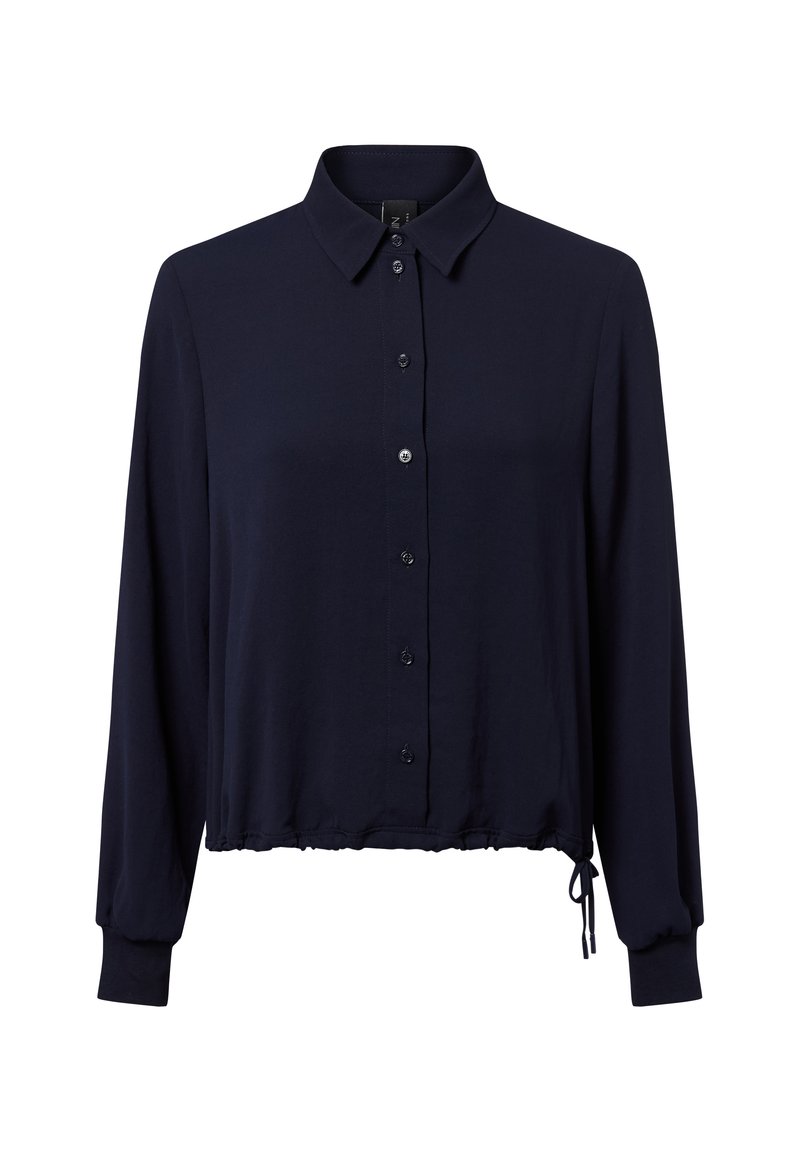 Marineblaues langärmliges Hemd mit Knopfleiste, Kragen, elastischen Bündchen und einem Kordelzug am Saum.