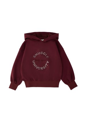 Felpa con cappuccio rosso scuro con maniche a sbuffo e polsini elastici, con testo in strass "Snuggle University" a cerchio sul davanti.