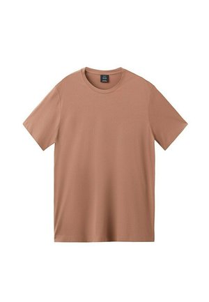Jednoduché tričko s krátkym rukávom a okrúhlym výstrihom v tlmenej hnedej farbe, položené na bielom pozadí.