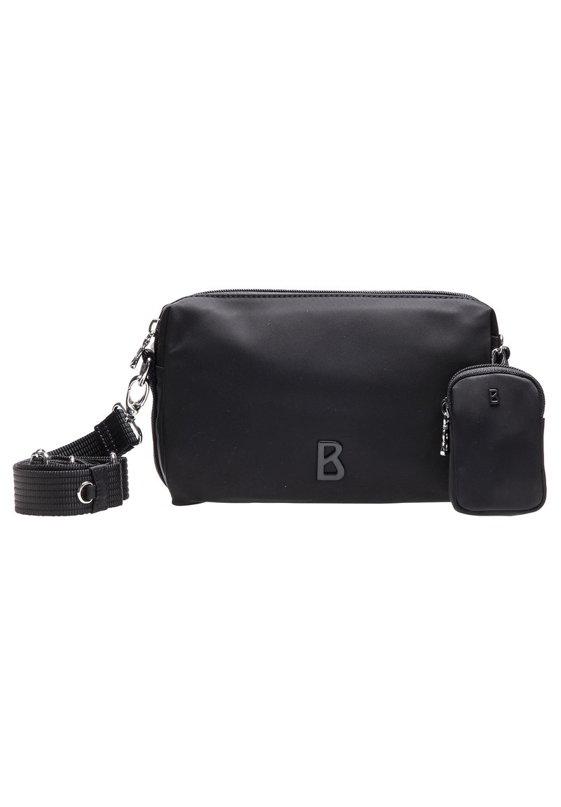 Borsa nera in nylon con finitura testurizzata, caratterizzata da una lettera "B" in rilievo e una piccola borsa staccabile, con cinturino regolabile incluso.