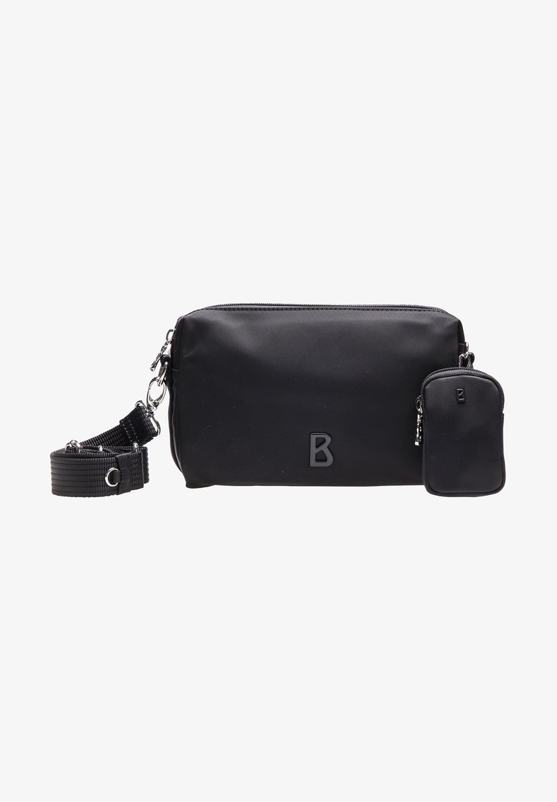 Borsa nera in nylon con finitura testurizzata, caratterizzata da una lettera "B" in rilievo e una piccola borsa staccabile, con cinturino regolabile incluso.