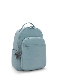 Mochila de color azul claro con una textura suave, parte superior redondeada, bolsillo delantero con cremallera y un adorno de llavero de peluche. Presenta un logo en la parte frontal.