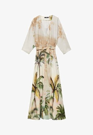 Rochie lungă, de tip wrap, realizată dintr-un material ușor, cu imprimeu de palmieri în nuanțe de verde și brun, pe un fundal crem. Include un cordon de legat.