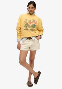 Felpa gialla con stampa grafica, indossata sopra una camicia a righe blu. A completare l'outfit, pantaloni corti bianchi sfilacciati e sandali marroni.