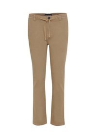 Pantalones beige hechos de una tela suave con un diseño de pierna recta, que cuentan con un lazo ajustable, cierre de botón y detalles de costura sutiles.