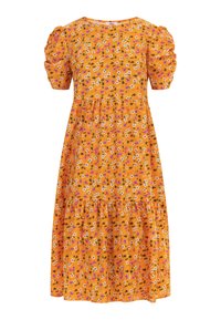 Kurzärmliges, knielanges Kleid aus orangefarbenem Stoff mit floralem Muster. Verfügt über Puffärmel und einen gestuften Rock.
