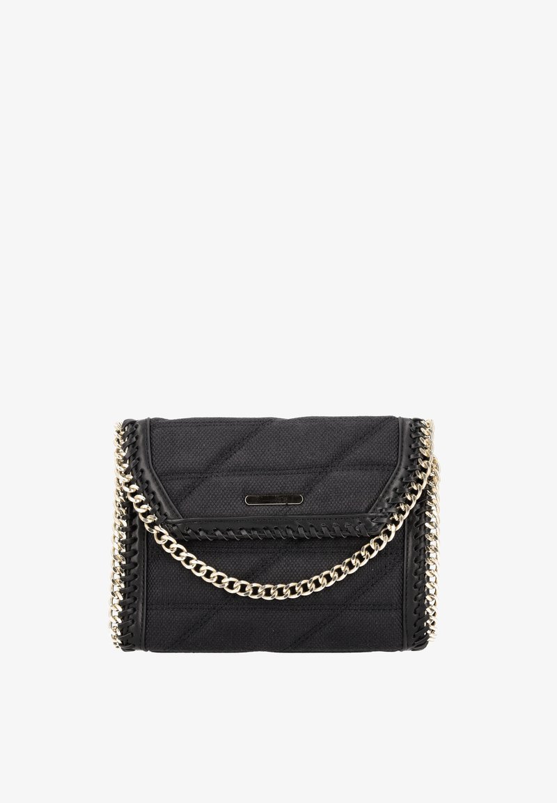 Detaljeret sort quilted stof håndtaske med kædestrop. Har en syet kant og en flad lukning foran. Kompakt, rektangulær form.