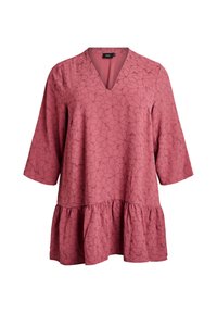 Pink tunic with a V-neck and three-quarter sleeves. Features a floral pattern and a ruffled hemline for added texture.