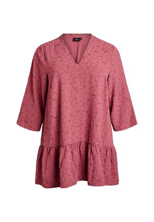 Roze tuniek met een V-hals en driekwartmouwen. Heeft een bloemenpatroon en een ruffled zoom voor extra textuur.