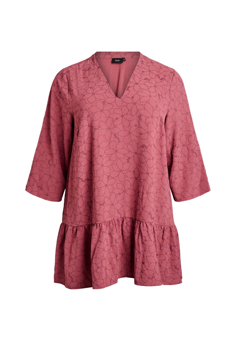 Pink tunic with a V-neck and three-quarter sleeves. Features a floral pattern and a ruffled hemline for added texture.