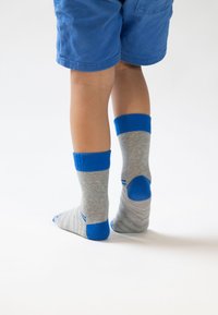 Graue Socken mit blauen Akzenten, ausgestattet mit einem gerippten Bündchen und Ferse. Entworfen mit zwei blauen Streifen entlang des Schaftes. Weiche Textur, lässiger Stil.