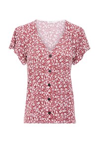 Blouse fleurie rouge avec des manches courtes flottantes, en V, et des boutons noirs sur le devant. Présente un motif en tissu de petites fleurs blanches.