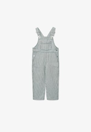 Striped overalls in blue and white, featuring adjustable shoulder straps, front pocket, and side pockets. Fabric has a smooth texture.