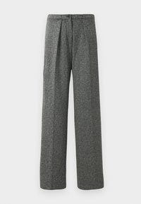 Pantaloni grigi a vita alta e gamba larga con pieghe frontali, chiusura a bottone e finitura in tessuto testurizzato.
