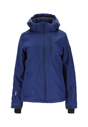 Blaue isolierte Jacke aus wasserdichtem Material mit hohem Kragen, mehreren Reißverschlusstaschen und verstellbaren Manschetten.