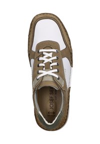 Brown and white sneaker featuring suede and leather materials, lace-up design, padded collar, and perforated insole for breathability.