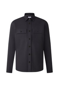 Donkerblauwe long-sleeve shirt van katoen, met een knoopsluiting aan de voorkant, twee borstzakken met kleppen en bruine knopen.
