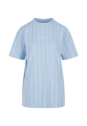 Light blue T-shirt with horizontal white stripes, short sleeves, a high neckline, and a subtle embroidered logo on the front.