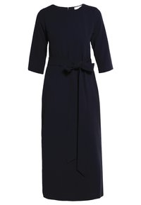 Black midi dress with 3/4 sleeves, round neckline, and a fabric belt tied at the waist.