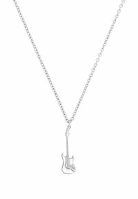 Collana d'argento con ciondolo a forma di chitarra elettrica, con dettagli intricati e una catena texturizzata.