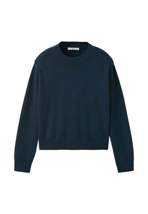 Suéter de punto suave de color azul marino, con cuello redondo, mangas largas y dobladillo recto. Sin patrones ni acentos visibles.