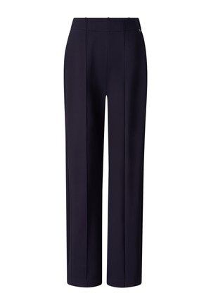 Marineblaue Hose mit geradem Bein, vorderen Bügelfalten, Bund und verdecktem Verschluss, dargestellt auf weißem Hintergrund.