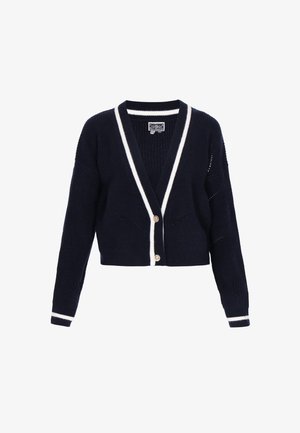 Navy gebreide cardigan met een V-hals, wit gestreepte afwerking, lange mouwen en twee gouden knopen aan de voorkant. Gewatteerde stof door het hele kledingstuk.