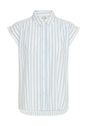 Weißes Hemd aus Stoff mit hellblauen vertikalen Streifen. Verfügt über einen kragen und kurz hochgerollte Ärmel. Der Saum ist leicht abgerundet.