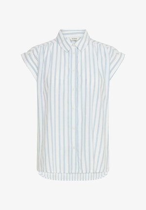 Weißes Hemd aus Stoff mit hellblauen vertikalen Streifen. Verfügt über einen kragen und kurz hochgerollte Ärmel. Der Saum ist leicht abgerundet.